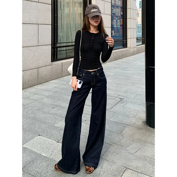 丹宁蓝低腰牛仔裤女2025秋季新款高腰显瘦宽松直筒阔腿拖地长裤子