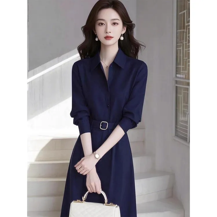 春季法式气质名媛高端女神范轻奢高级感正式场合蓝色衬衫连衣裙子
