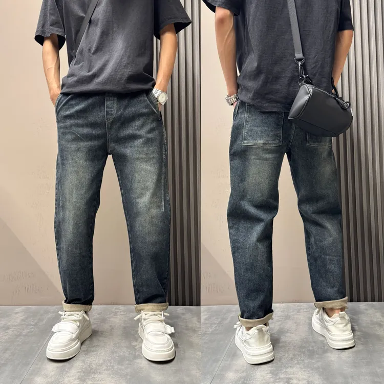 秋冬新款潮流水洗拼接复古弹力牛仔裤男薄绒显瘦直筒裤痞帅裤子