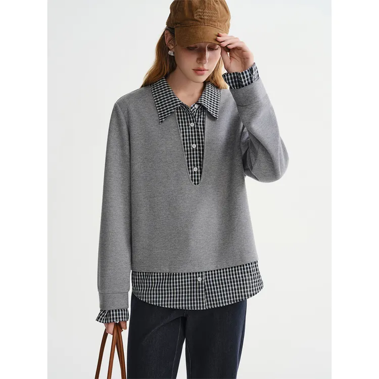 独束大码女装【高智叠穿】设计感假两件格子衬衫拼接卫衣25DS84280