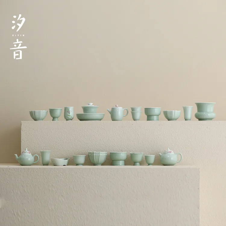 汐音豆绿手绘百合二才盖碗茶壶家用陶瓷泡茶碗主人杯女士茶具茶杯