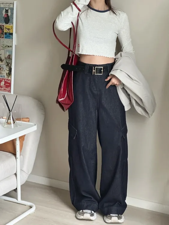 Fafa｜春款复古宽松水洗牛仔阔腿裤高腰大口袋工装风休闲裤