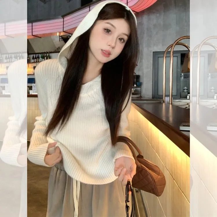 修身白色慵懒打底毛衣女款2025新款秋冬季内搭连帽针织衫百搭上衣