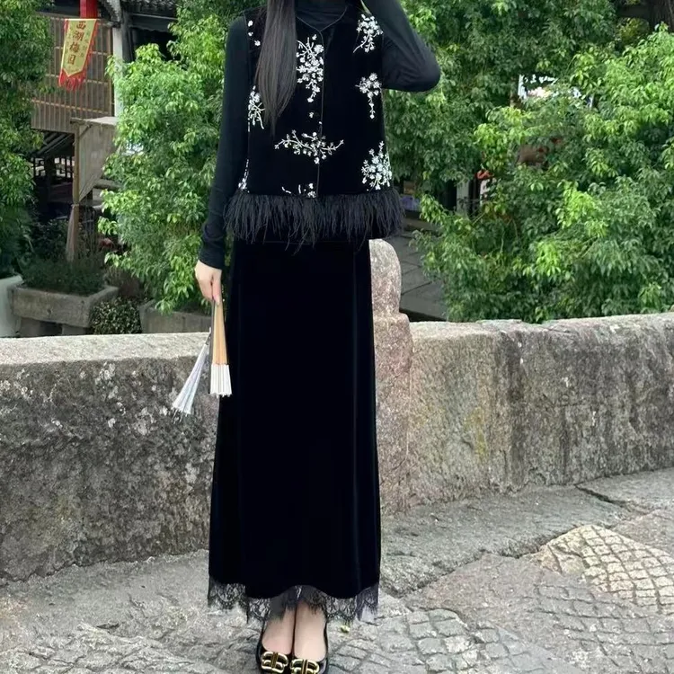 秋季新款复古新中式国风马甲半身裙打底衫百搭时尚套装