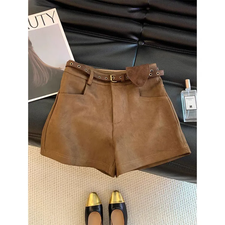 固质美拉德咖色麂皮绒短裤女秋款高腰直筒阔腿裤辣妹包臀裤配腰带