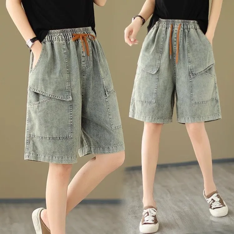 大码女装夏季松紧腰薄款牛仔短裤显瘦百搭高腰中裤宽松阔腿五分