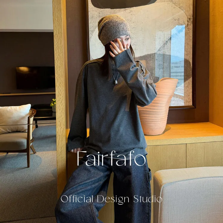 【杂纱拼接磨毛长袖T】CX511C6001高级感宽松商务休闲风百搭显瘦T恤