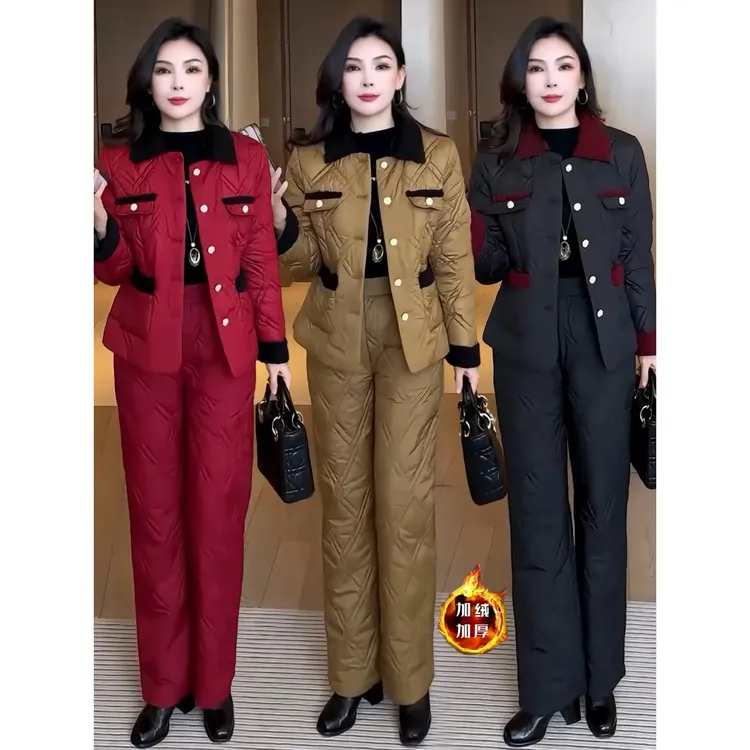 时尚撞色翻领棉服套装女2025冬季新款洋气减龄加绒加厚保暖两件套