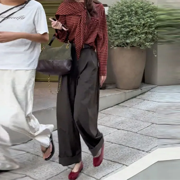 2025秋季新款设计感时尚蝴蝶结绑带格式衬衫女休闲阔腿裤两件套装