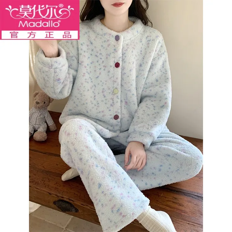 莫代尔半边绒睡衣女秋冬季加绒加厚法兰绒家居服套装2025新款冬天