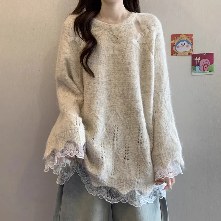 慵懒风蕾丝针织衫女秋冬季大码胖mm显瘦遮肚中长款遮屁股洋气上衣