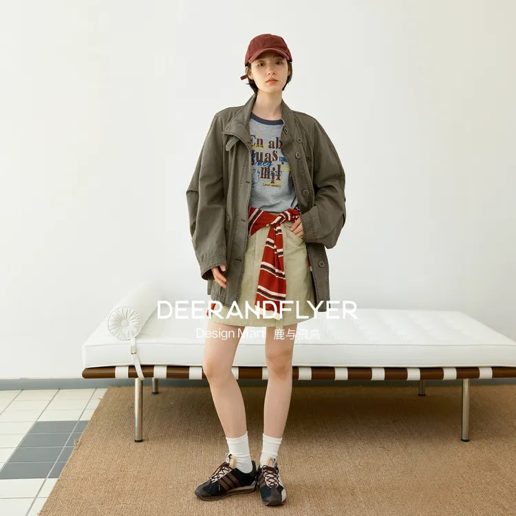 鹿与飞鸟“古着锚点”100棉VTG做旧水廓形立领工装夹克外套6891