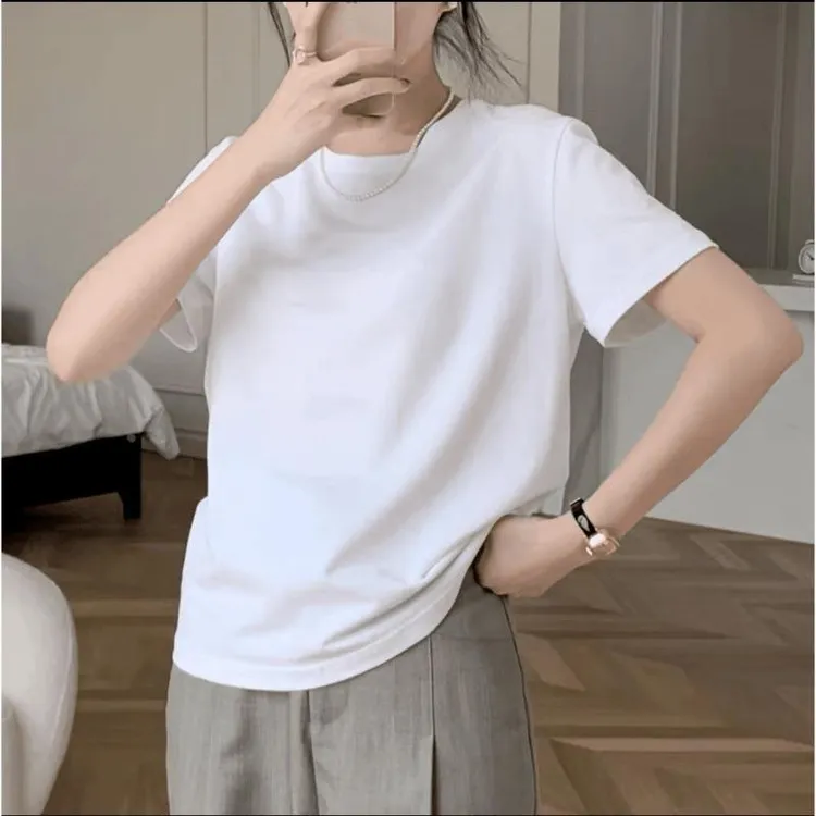 纯棉t恤女2025夏季新款设计感正肩上衣宽松内搭打底衫白色短袖ins
