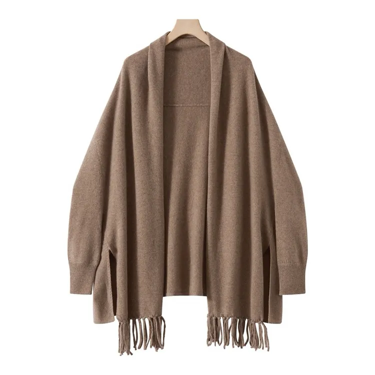 100%山羊绒流苏大披肩针织秋冬开衫法式宽松慵懒风羊绒外搭上衣