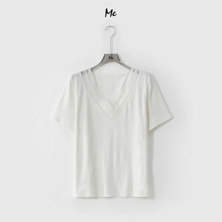 ME【V领蕾丝T】亚麻混纺刺绣蕾丝透气显瘦时尚百搭短袖T恤MESS5576
