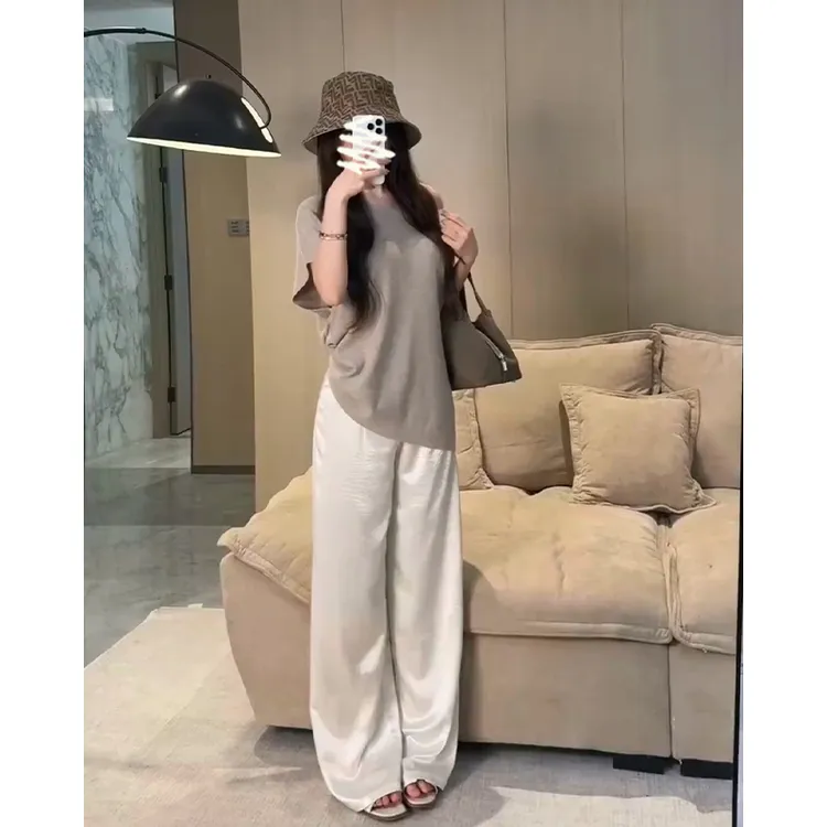 2025夏季新款女法式设计感宽松露肩短袖上衣气质高腰显瘦阔腿长裤
