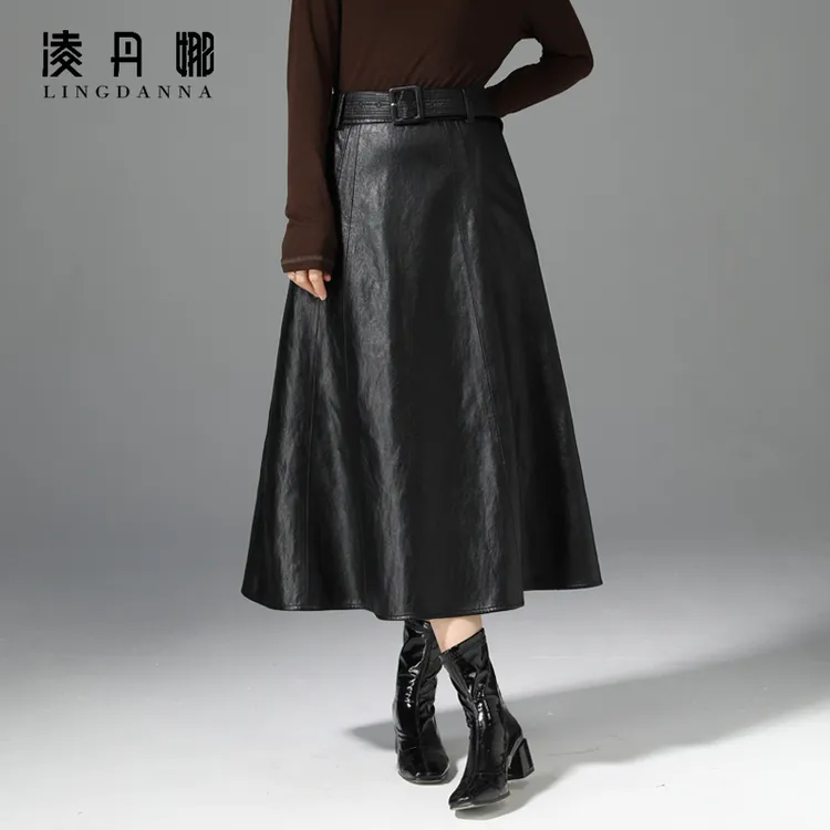  黑色高腰PU皮裙半身裙女中长款秋冬新款宽松显瘦a字裙子休闲裙冬