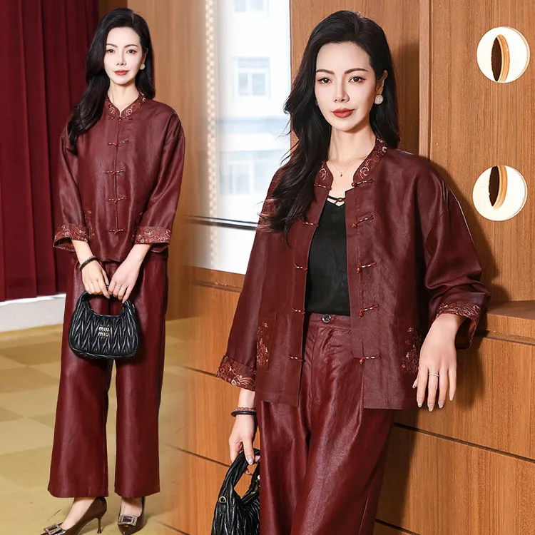 春夏妈妈装国风新中式龟裂纹香云纱刺绣显瘦复古盘扣女装两件套装