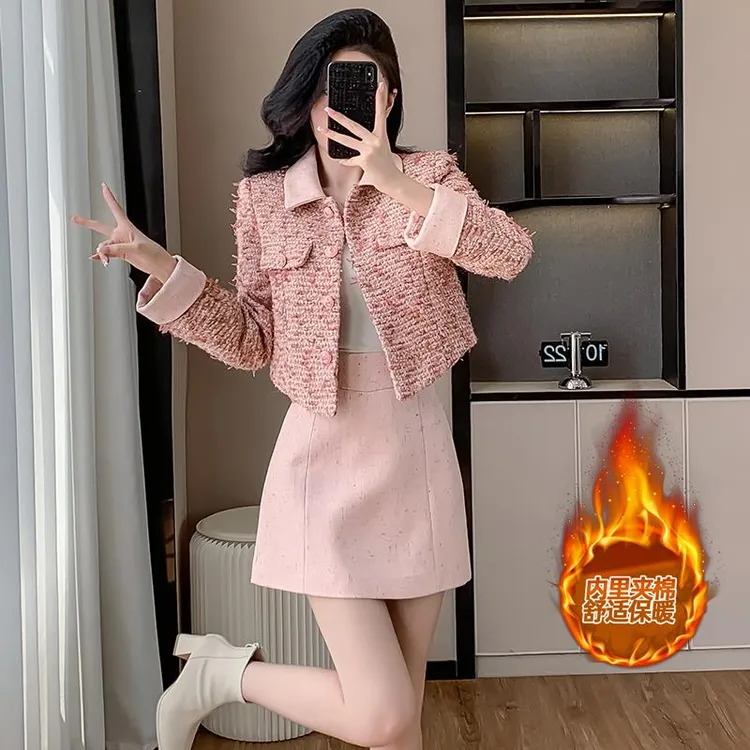 芭比粉色小香风套装裙女秋冬高级感温柔系气质名媛风穿搭两件套装