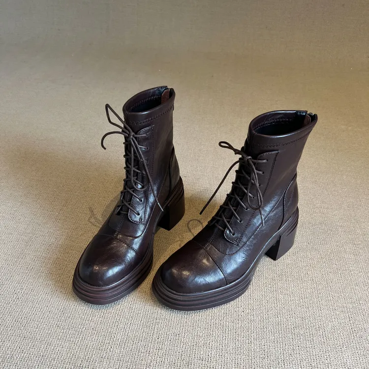 牛皮版~英伦风粗跟系带马丁靴女2025秋冬显瘦弹力防水台高跟短靴