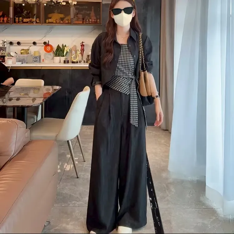 2025早秋新款韩版时髦高级感三件套格纹吊带长袖短外套休闲阔腿裤