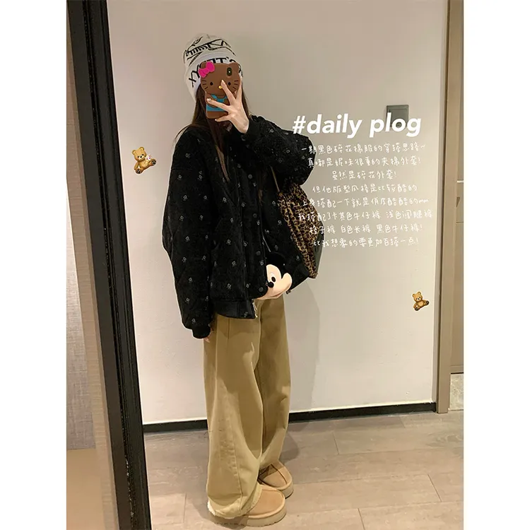 INS CEC韩系黑色高级感碎花棉服女冬季新款宽松显瘦百搭夹棉外套