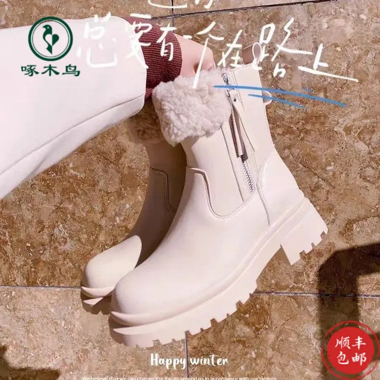 啄木鸟中筒靴洋气增高鞋白色雪地靴百搭冬季新款加绒大棉厚底马丁