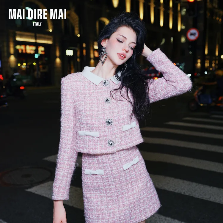 MAI DIRE MAI小香风粗花呢拼接蝴蝶结长袖外套高腰半裙女秋冬套装