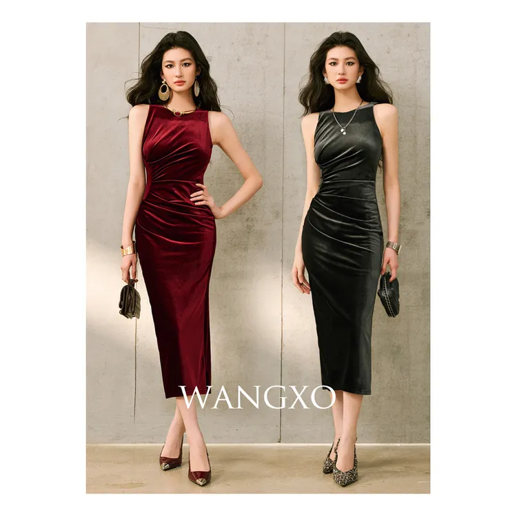 WANGXO 后开衩收腰气质连衣裙 253672W