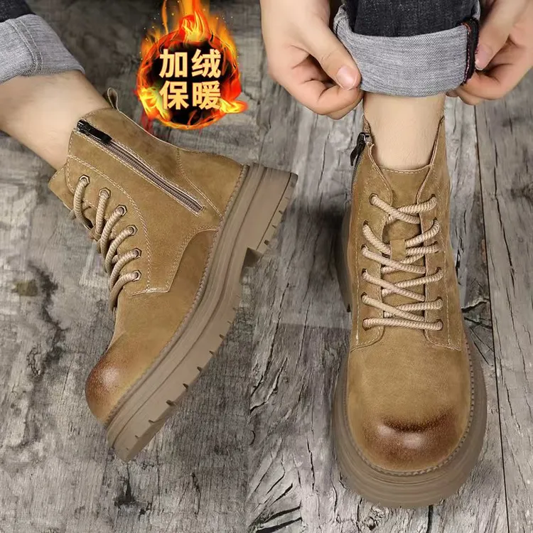 [猪皮]2025秋冬加棉厚底增高马丁靴透气工装潮鞋男士复古防滑鞋底