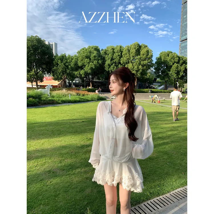 AZZHEN【慵懒云雾】飘逸蕾丝衬衫短裙套装AZ5DSZ12-SS/AZ5DSZ12-SQ