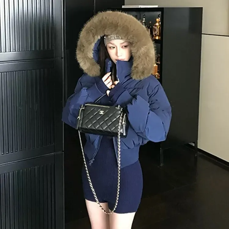 芬兰雪境冬季大毛领高级感连帽短款棉服女装爆款加厚保暖面包服