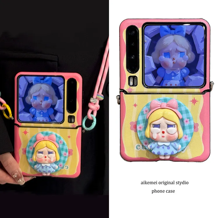 适用华为purax典藏版折叠屏手机壳pocket2黄底粉花朵哭娃磁吸支架