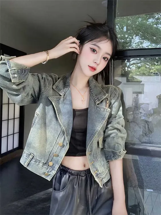 港风复古牛仔短外套女春秋新款潮流长袖上衣时尚休闲百搭机车夹克