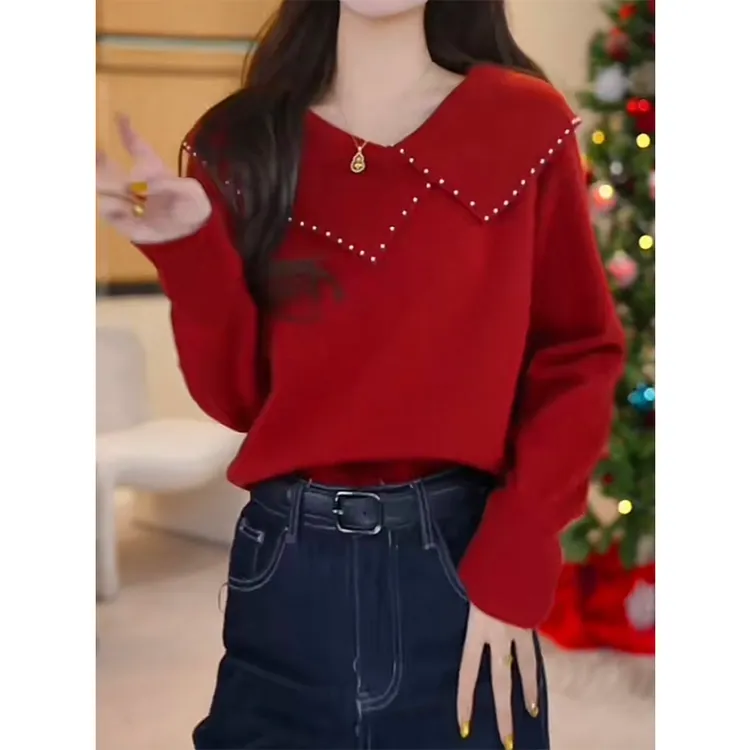 氛围感轻奢钉珠翻领长袖针织衫女2025秋冬新款小众气质减龄毛衣