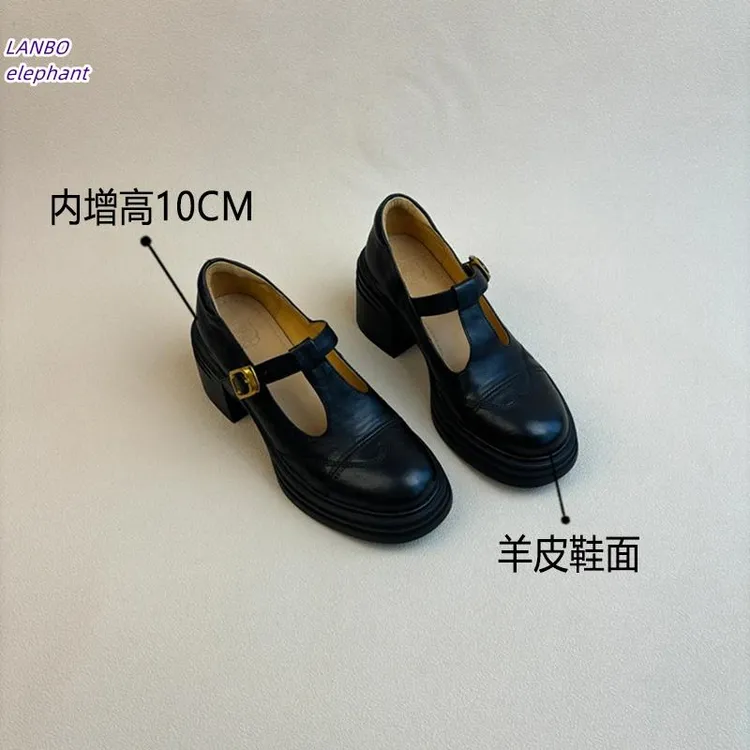羊皮版10cm内增高厚底复古小皮鞋女黑色粗跟法式圆头单鞋玛丽珍鞋