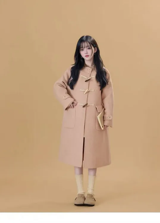 韩版连帽百搭毛呢外套毛呢牛角扣双面呢大衣秋冬长款