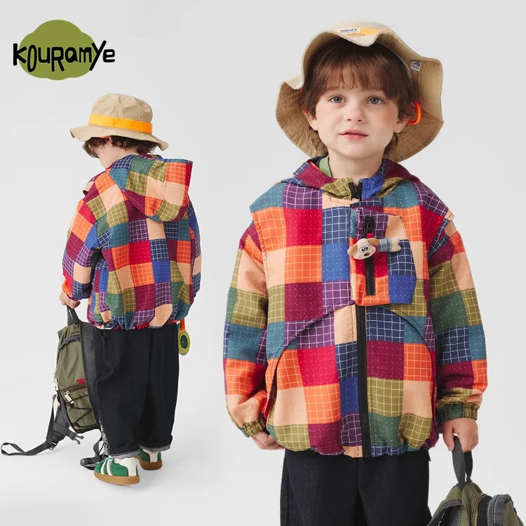 酷娃米2025年秋季新款中小童复古撞色格纹连帽外套20887