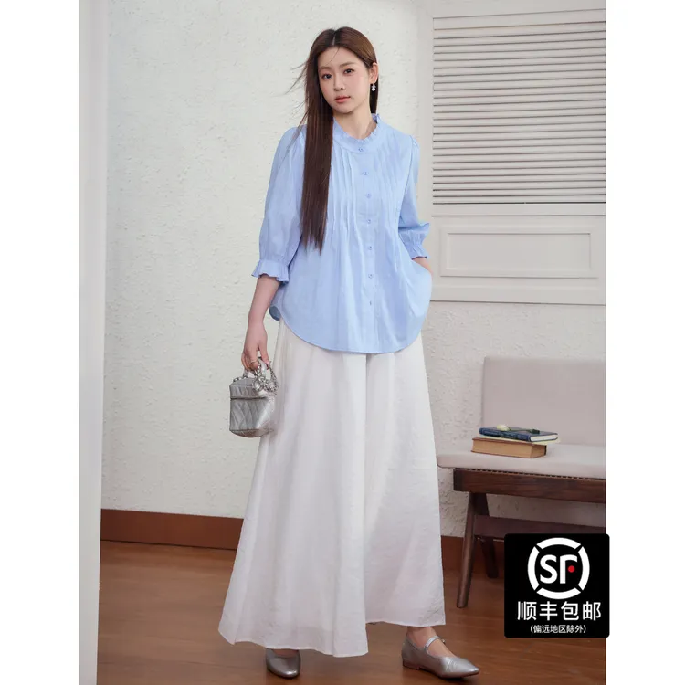 蓝语大码女装人棉混纺时尚衬衫上衣显瘦裤裙秋冬款减龄套装02200
