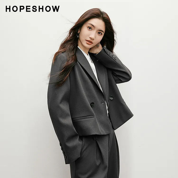 红袖秋季2025新款女装肌理感正肩H型双排扣翻领短西装90125522201