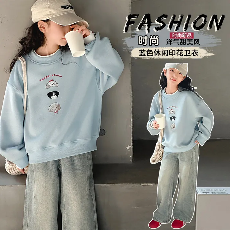 女童卫衣春秋季2025新款中大童洋气卡通上衣女孩时尚假两件卫衣潮