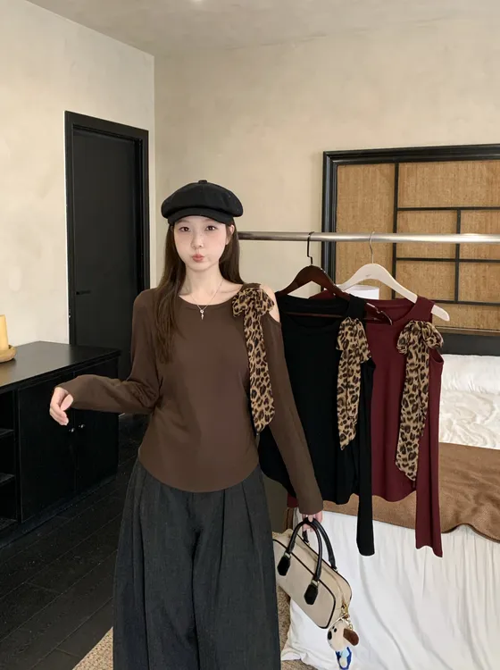 2025秋装新款大码女豹纹蝴蝶结斜肩长袖T恤辣妹纯欲收腰上衣80506