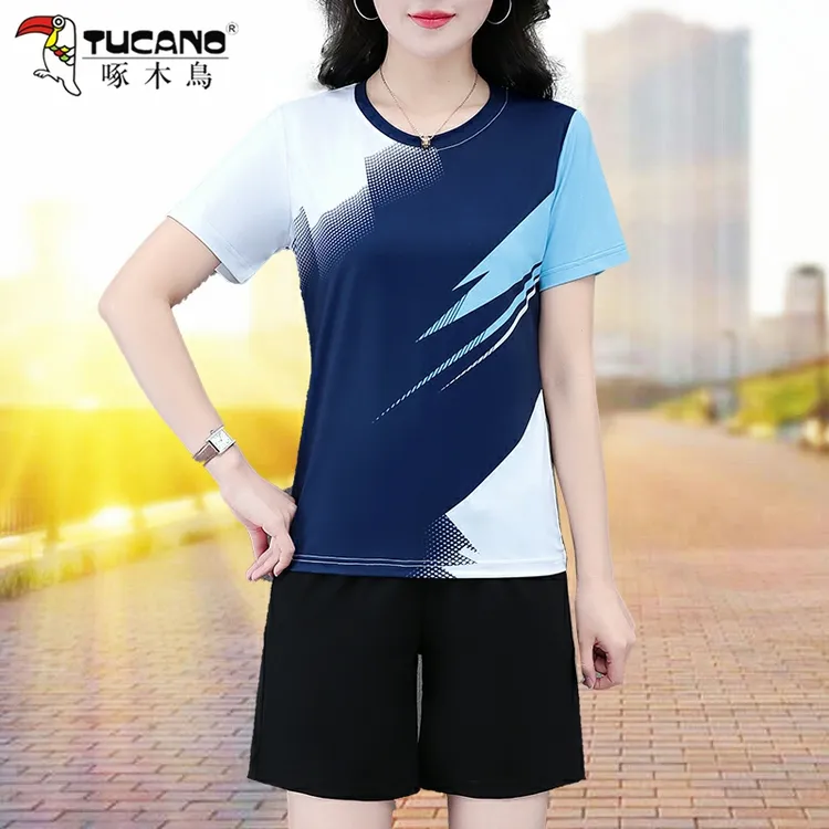 啄木鸟运动套装女夏季薄款2025新款跑步服冰丝短袖广场舞两件套