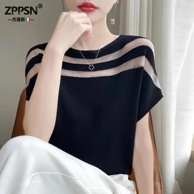 ZPPSN冰丝针织短袖t恤女夏季2025新款镂空网纱拼接气质显瘦落肩袖
