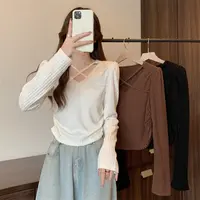 大码不规则交叉v领长袖T恤女2025春秋新款宽松显瘦别致上衣13353
