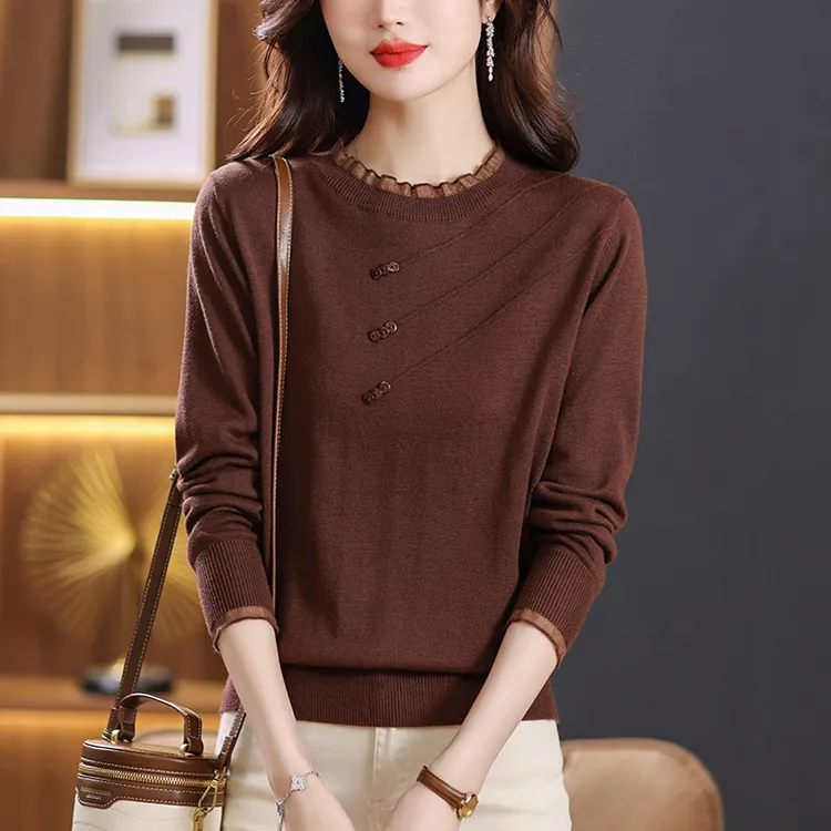 蕾丝拼接设计感针织衫女士2025春秋妈妈装慵懒风减龄上衣短款毛衣