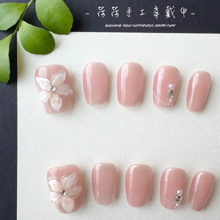 【樱花猫眼】纯欲风 玻璃珠猫眼 裸粉色猫眼 纯手工穿戴甲短方