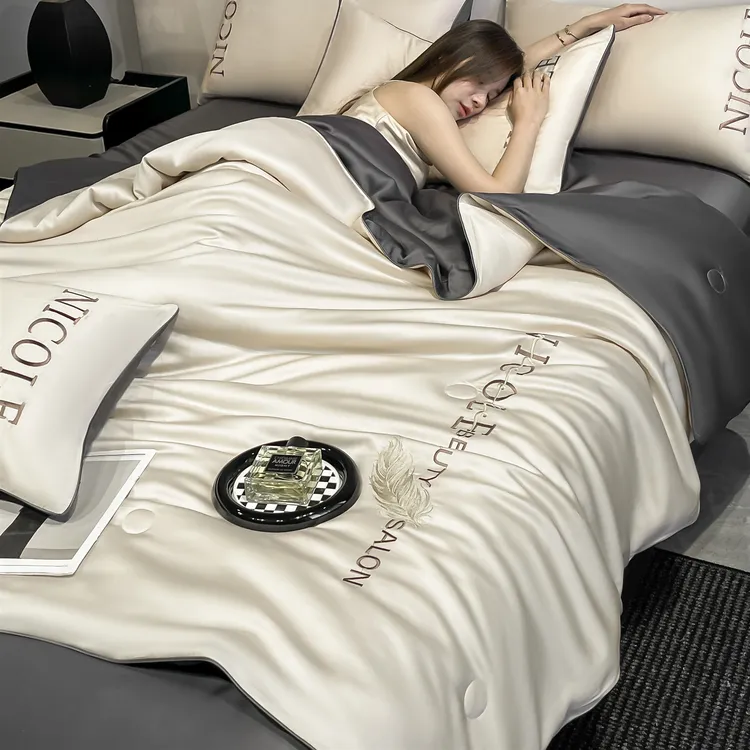 水星家纺适用2025款水洗冰丝刺绣夏被四件套夏凉被滚边款薄款简约