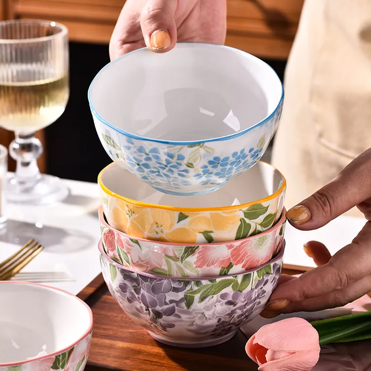 网红爆款一路生花系列创意高颜值米饭碗陶瓷釉下彩特别好看的小碗