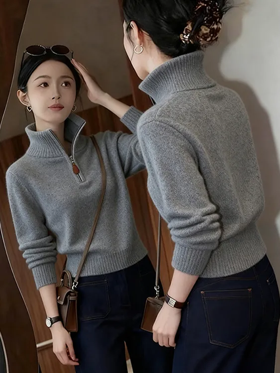 洋气时髦高领半拉链针织衫秋冬长袖气质高级感显瘦通勤毛衣上衣潮